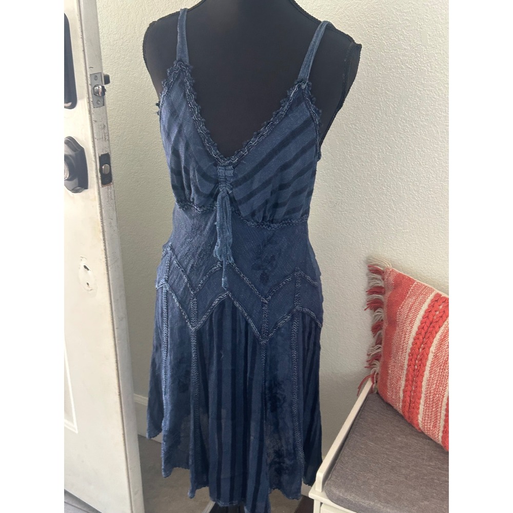 Flower Indigo Blue Boho Rayon Midi Dress Embroidered Mixed Print Med Y2K vintage